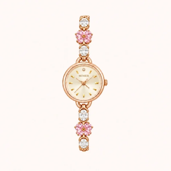 Elegant Pink Floral Round Dial Bracelet Watch for Women