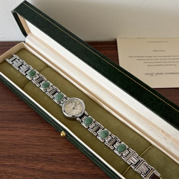 Classic Green Accent Round Dial Silver Bracelet Watch for Women