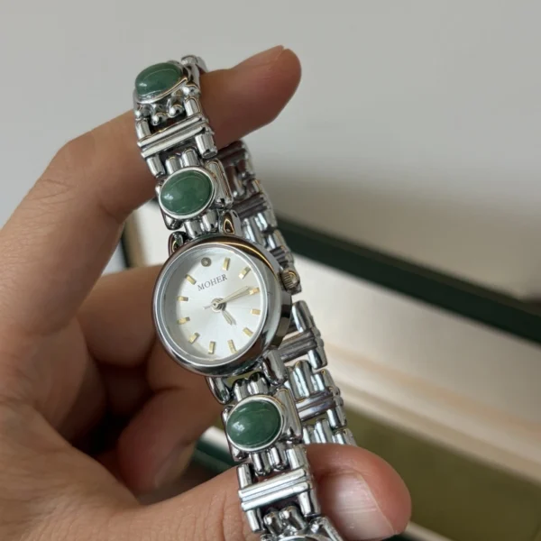 Classic Green Accent Round Dial Silver Bracelet Watch for Women