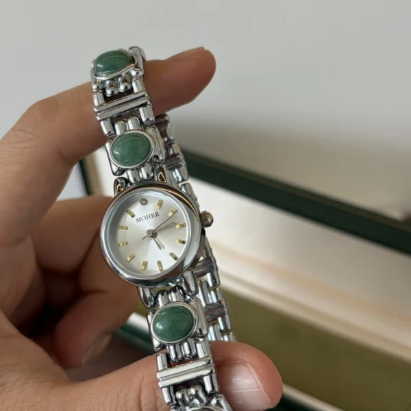Classic Green Accent Round Dial Silver Bracelet Watch for Women