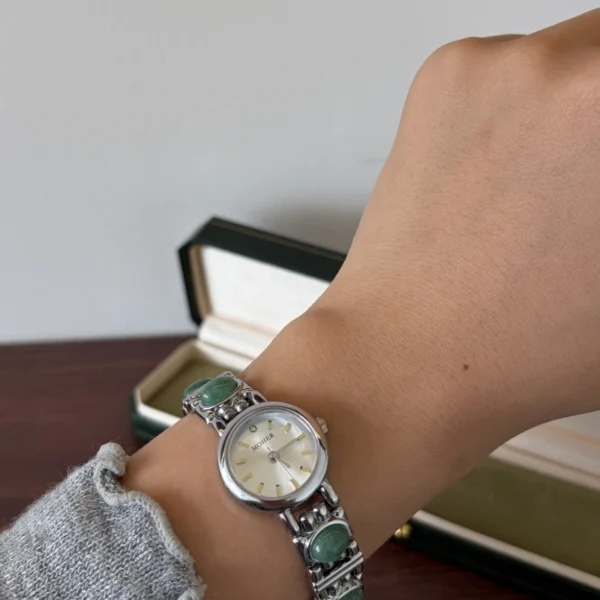 Classic Green Accent Round Dial Silver Bracelet Watch for Women