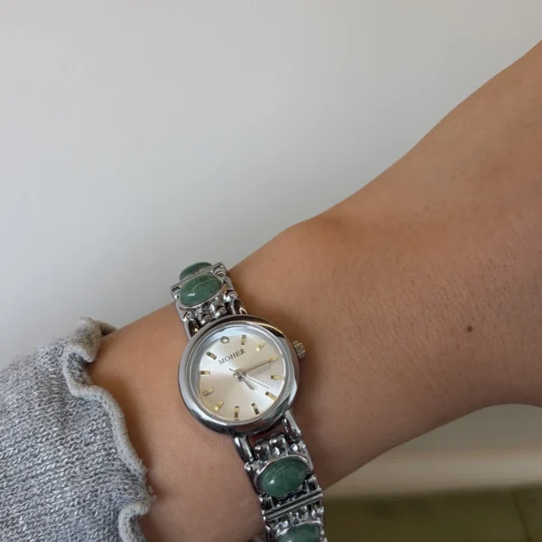 Classic Green Accent Round Dial Silver Bracelet Watch for Women