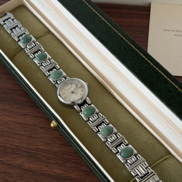 Classic Green Accent Round Dial Silver Bracelet Watch for Women