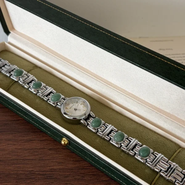 Classic Green Accent Round Dial Silver Bracelet Watch for Women