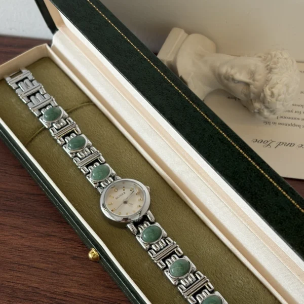 Classic Green Accent Round Dial Silver Bracelet Watch for Women