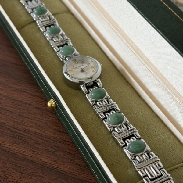 Classic Green Accent Round Dial Silver Bracelet Watch for Women