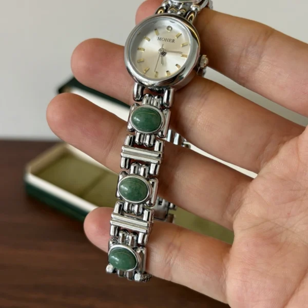 Classic Green Accent Round Dial Silver Bracelet Watch for Women