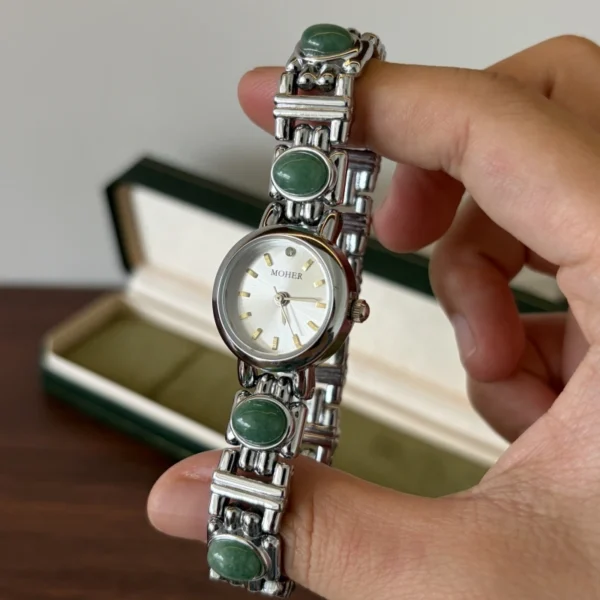 Classic Green Accent Round Dial Silver Bracelet Watch for Women