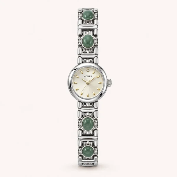 Classic Green Accent Round Dial Silver Bracelet Watch for Women