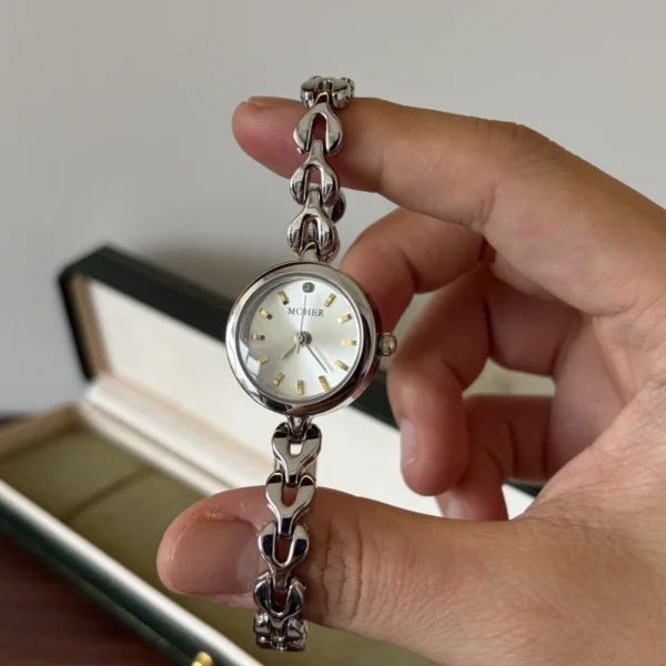 Classic Pale Round Dial Silver Open Link Bracelet Watch for Women