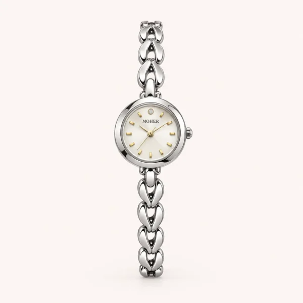Classic Pale Round Dial Silver Open Link Bracelet Watch for Women