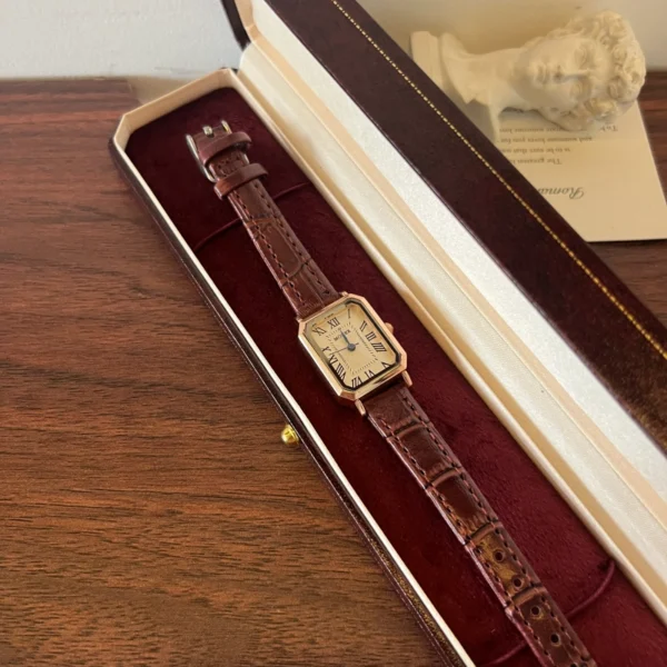 Classic Cream Rectangle Dial Burgundy Strap Watch for Women