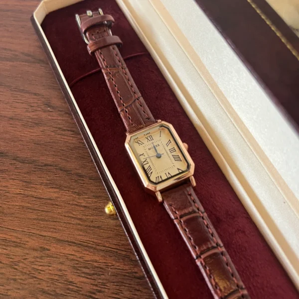 Classic Cream Rectangle Dial Burgundy Strap Watch for Women