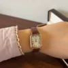 Classic Cream Rectangle Dial Burgundy Strap Watch for Women