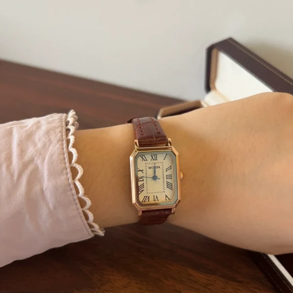 Classic Cream Rectangle Dial Burgundy Strap Watch for Women