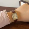 Classic Cream Rectangle Dial Burgundy Strap Watch for Women