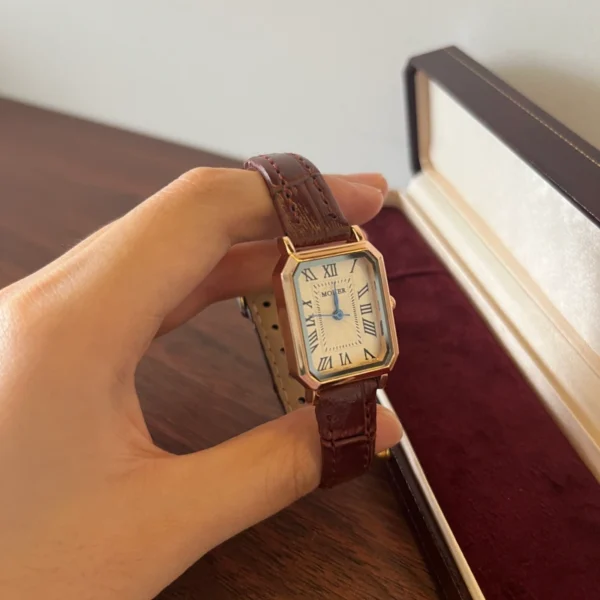 Classic Cream Rectangle Dial Burgundy Strap Watch for Women