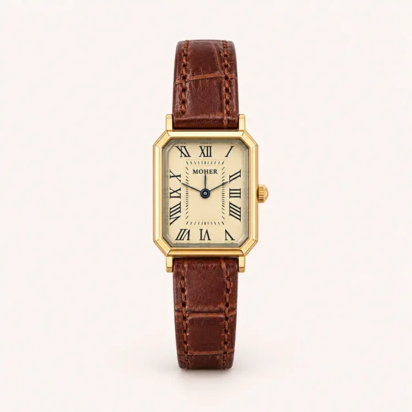Classic Cream Rectangle Dial Burgundy Strap Watch for Women