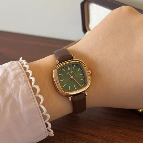 Classic Green Rounded Square Dial Brown Strap Watch for Women