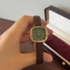 Classic Green Rounded Square Dial Brown Strap Watch for Women