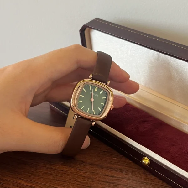 Classic Green Rounded Square Dial Brown Strap Watch for Women