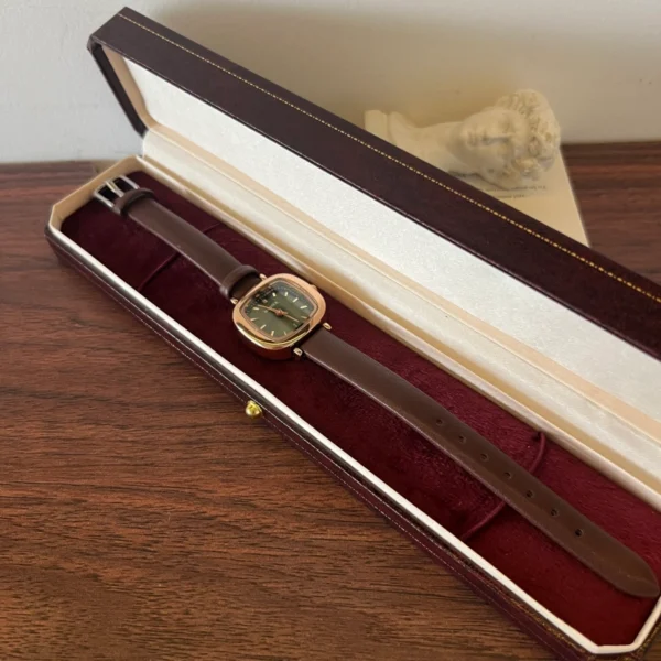 Classic Green Rounded Square Dial Brown Strap Watch for Women