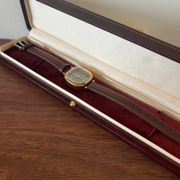 Classic Green Rounded Square Dial Brown Strap Watch for Women