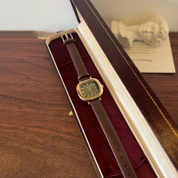 Classic Green Rounded Square Dial Brown Strap Watch for Women