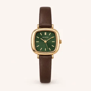 802-main Classic Green Rounded Square Dial Brown Strap Watch for Women