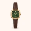 Classic Green Rounded Square Dial Brown Strap Watch for Women