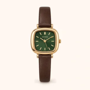 802-main-FFF7F1 Classic Green Rounded Square Dial Brown Strap Watch for Women
