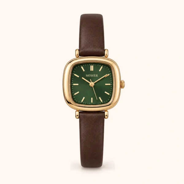 Classic Green Rounded Square Dial Brown Strap Watch for Women