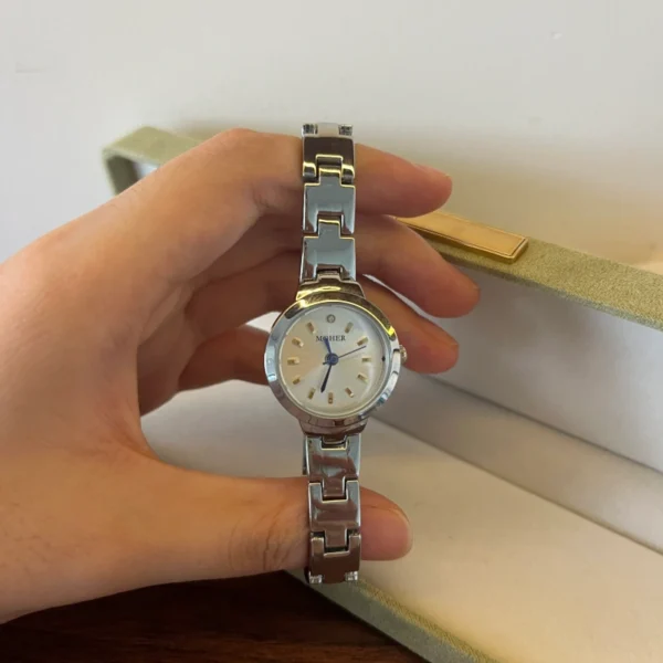 Classic Cream Round Dial Silver Geometric Bracelet Watch for Women