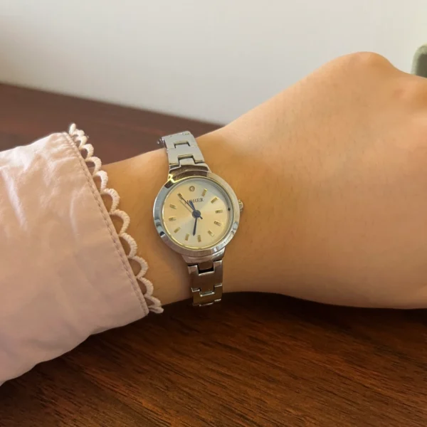 Classic Cream Round Dial Silver Geometric Bracelet Watch for Women
