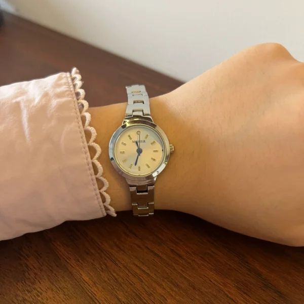 Classic Cream Round Dial Silver Geometric Bracelet Watch for Women