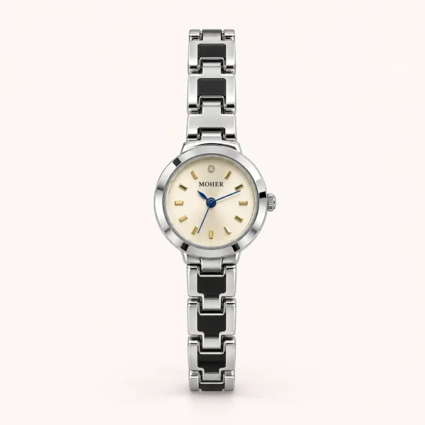 Classic Cream Round Dial Silver Geometric Bracelet Watch for Women