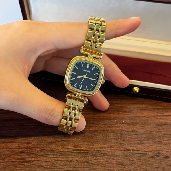 Classic Black Rounded Square Dial Gold Bracelet Watch for Women