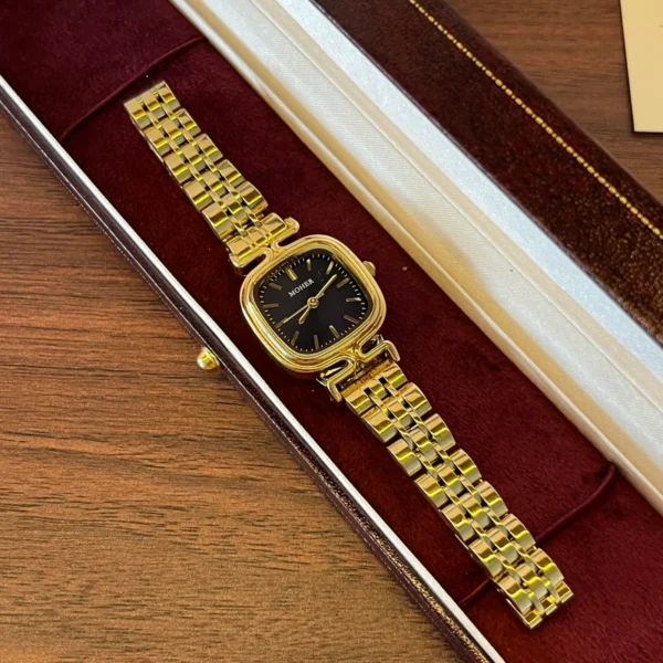 Classic Black Rounded Square Dial Gold Bracelet Watch for Women