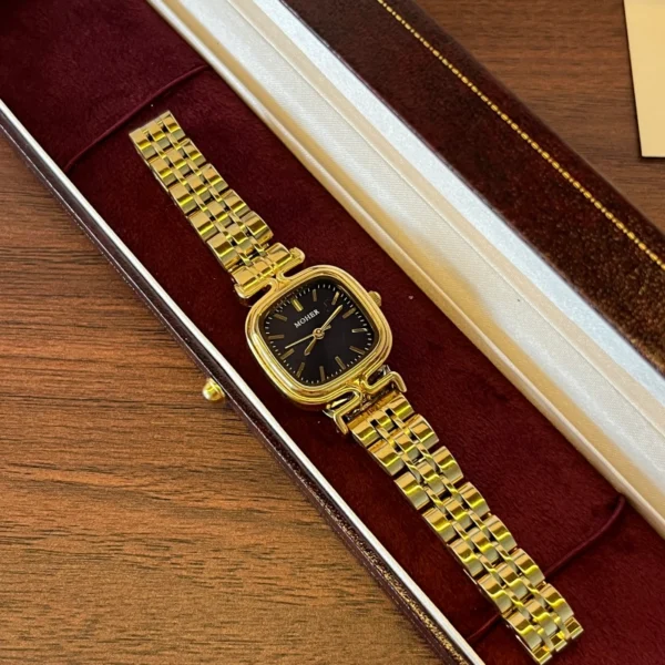 Classic Black Rounded Square Dial Gold Bracelet Watch for Women