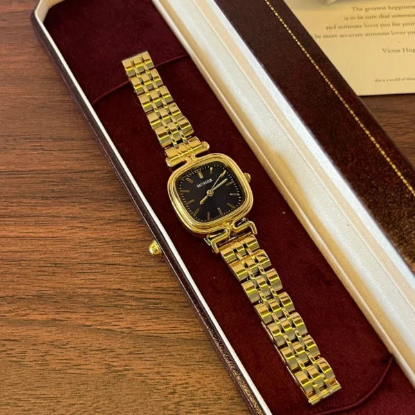 Classic Black Rounded Square Dial Gold Bracelet Watch for Women