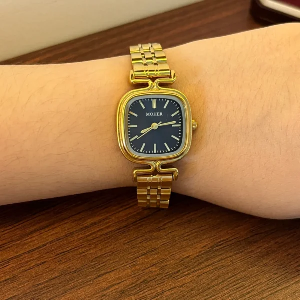 Classic Black Rounded Square Dial Gold Bracelet Watch for Women