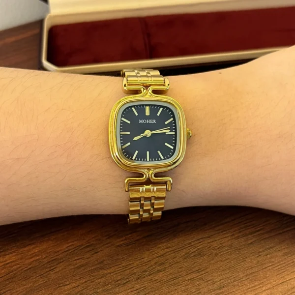 Classic Black Rounded Square Dial Gold Bracelet Watch for Women