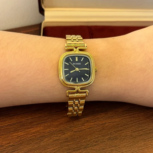Classic Black Rounded Square Dial Gold Bracelet Watch for Women