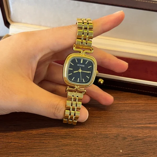 Classic Black Rounded Square Dial Gold Bracelet Watch for Women