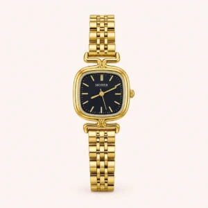 804-main Classic Black Rounded Square Dial Gold Bracelet Watch for Women