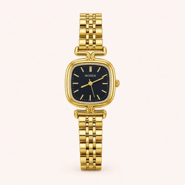 Classic Black Rounded Square Dial Gold Bracelet Watch for Women