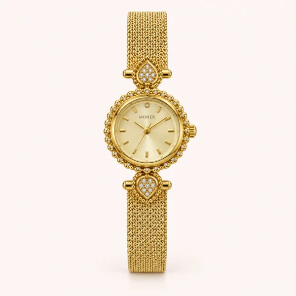 Elegant Gold Round Dial Slim Mesh Bracelet Watch for Women