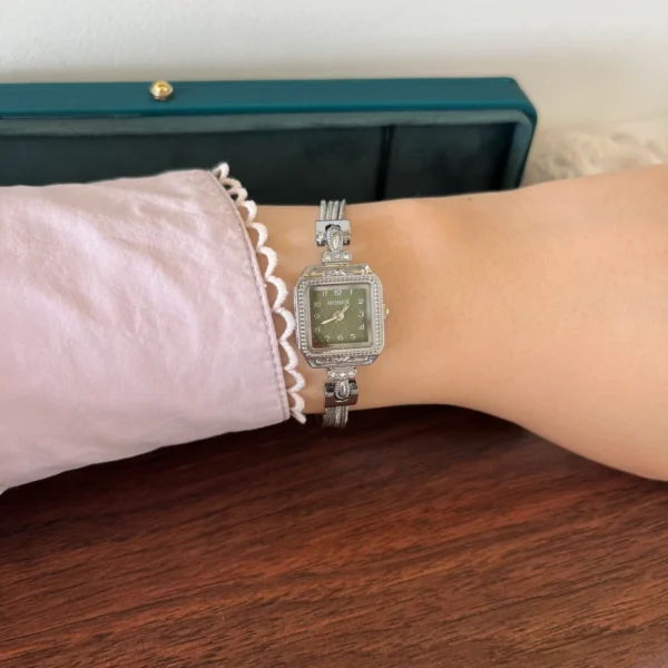 Classic Dark Square Dial Slim Silver Bracelet Watch for Women