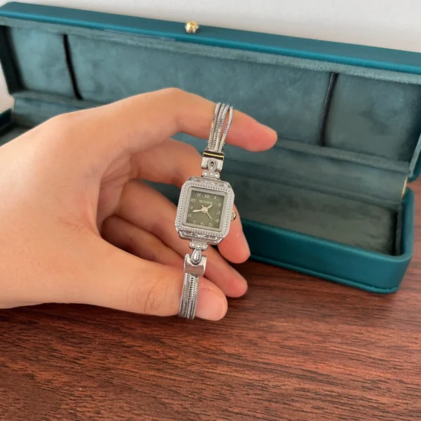 Classic Dark Square Dial Slim Silver Bracelet Watch for Women