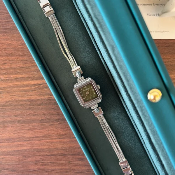 Classic Dark Square Dial Slim Silver Bracelet Watch for Women